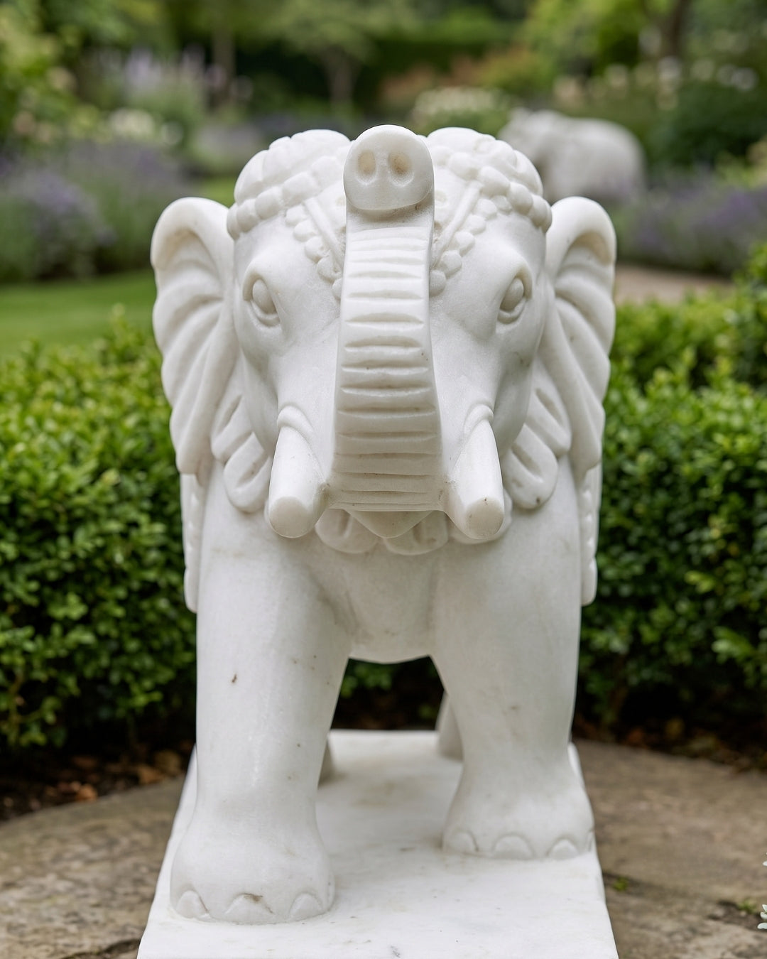 Hand-Carved White Marble Elephant Statue for Garden & Entrance Décor
