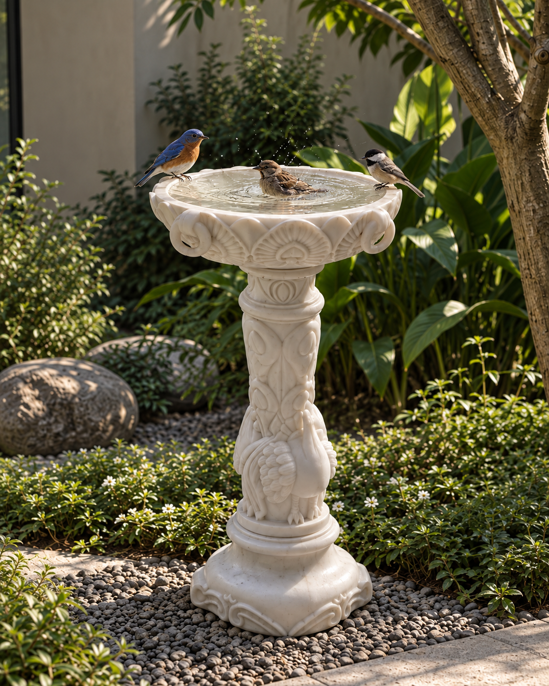 Handcrafted White Marble Bird Bath